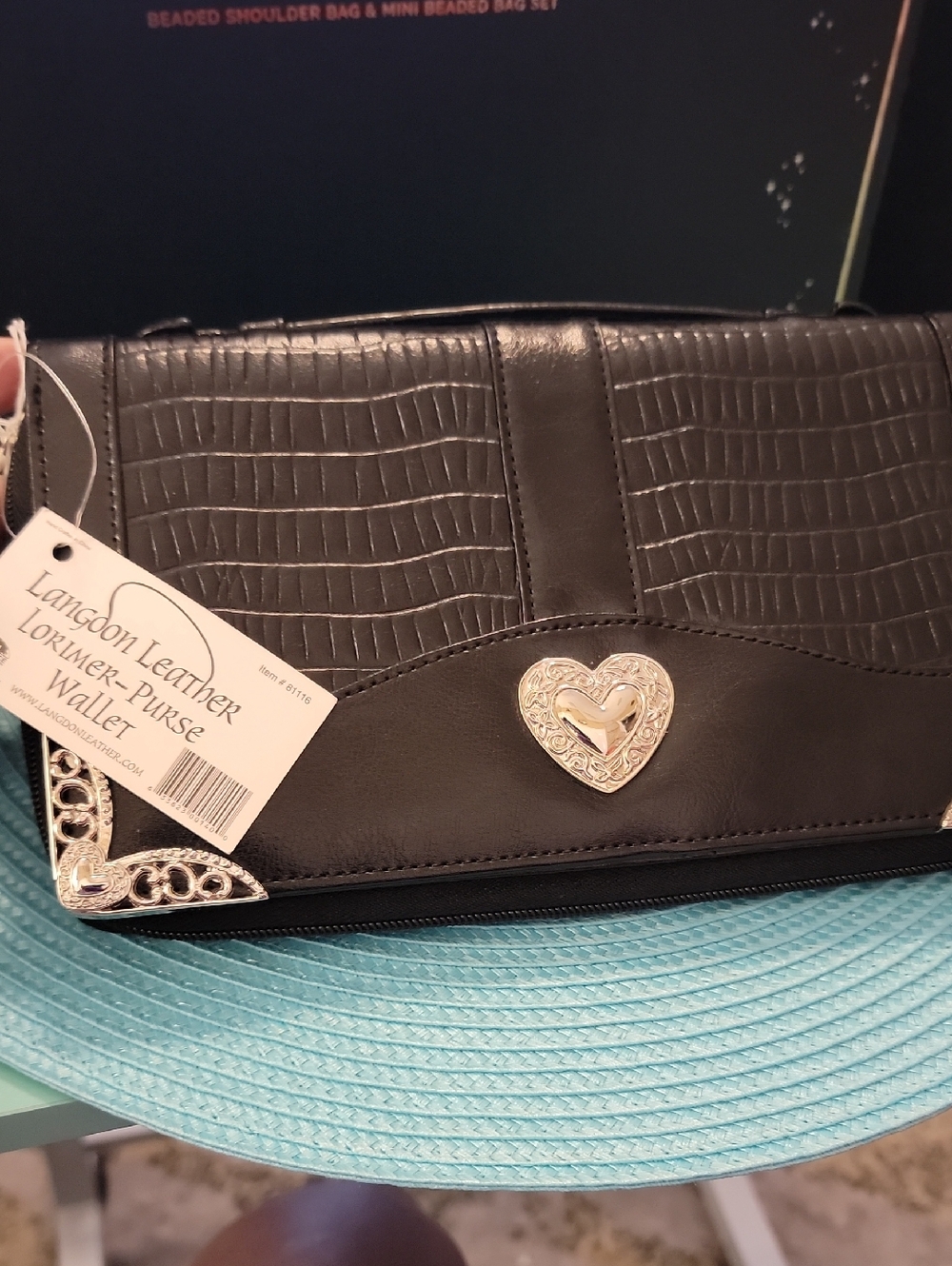Black Croc-Effect Heart Accent Shoulder Wallet